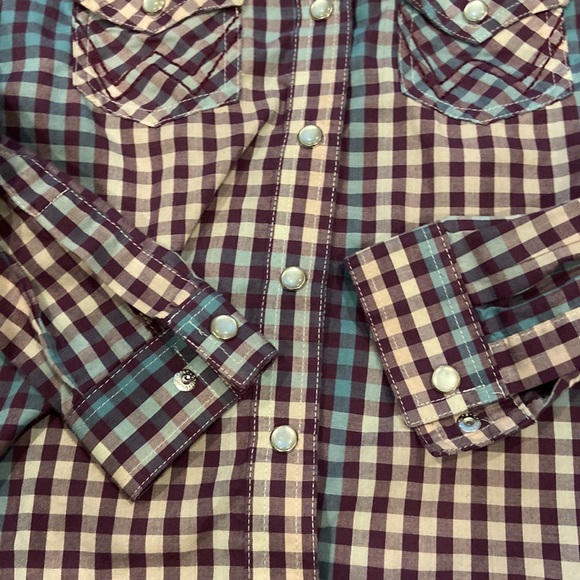 Wrangler medium pearl snap long sleeve-burgundy, teal, cream combo 💕cowboy - Picture 6 of 7